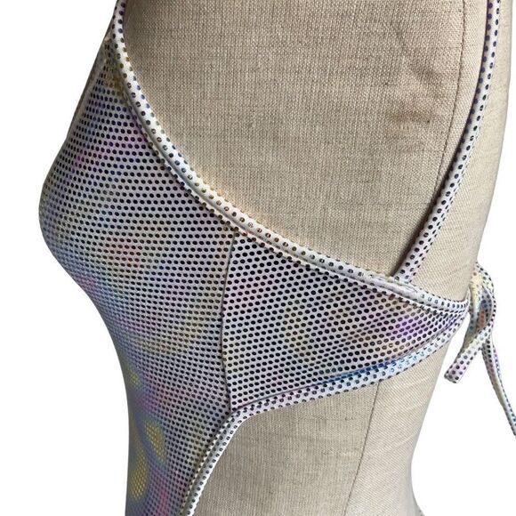 Holographic Mini Dress Tie Back, 80’s L.W. Sin-Sations body con sz s/m form fit - Picture 13 of 16